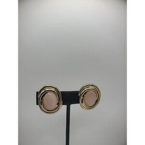 Vintage Earrings Clip On Huggie Gold Tone Swirl Pink Cabochon Jewelry Costume